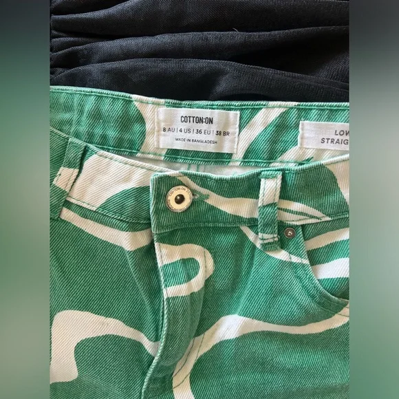 Cotton On Low Rise Green and White Swirl Straight Jeans sz4 - Picture 13 of 13